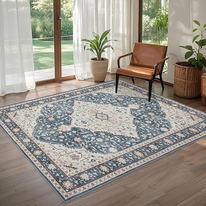 Area Rug for Living Room - Vintage Indoor Machine Washable Rug for Bedroom Dinning Room Floor - Soft Low-Pile Carpet Non-Slip Backing Floral Rugs for Office (Blue/Cream, 5' × 7')