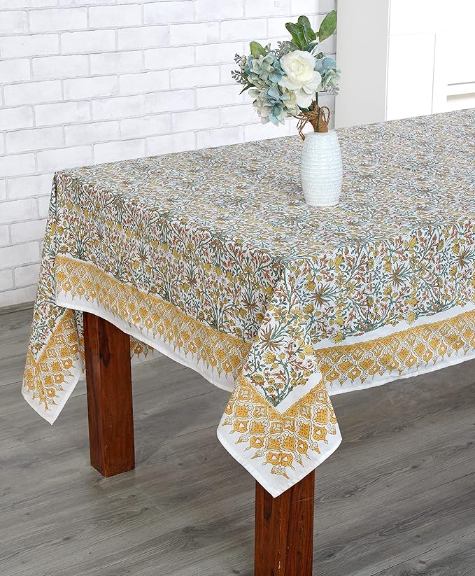 Ridhi Goldenrod Yellow Hand Block Print Cotton Rectangle Tablecloth 190 x 72 inches Reusable Table Cover Decorative Everyday Use for Dining Room, Farmhouse, Home, Party, Festive & Wedding, Fall