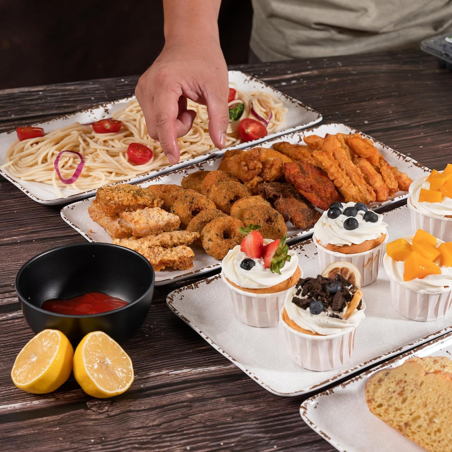 4-Pack 14" x 7" White Serving platter Set, Reusable Farmhouse Melamine Serving Platters for Cookie, Appetizer, Charcuterie, Snack, Party Food Display - Stackable Kitchen CounterTop Tray.