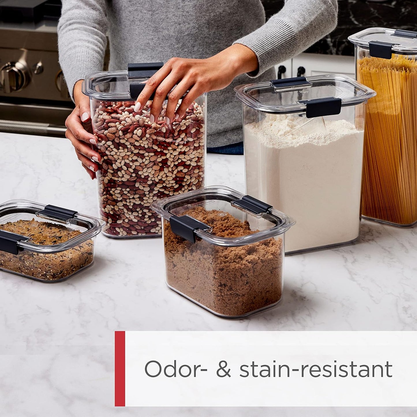 Rubbermaid Brilliance BPA-Free Food Storage Containers with Lids Airtight Kitchen and Pantry Organization Set Includes 3 Containers and Scoops Clear 16 cups