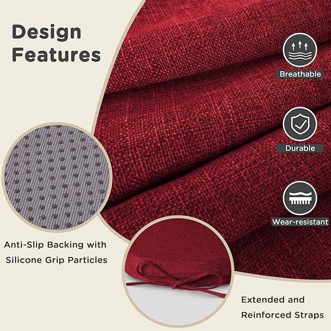 AddGrace Set of 4 Chair Cushions for Metal Dining Chairs 14x14 Chair Pads with Ties Non Slip Thick Seat Cushions with Textured and Removable Cover Red