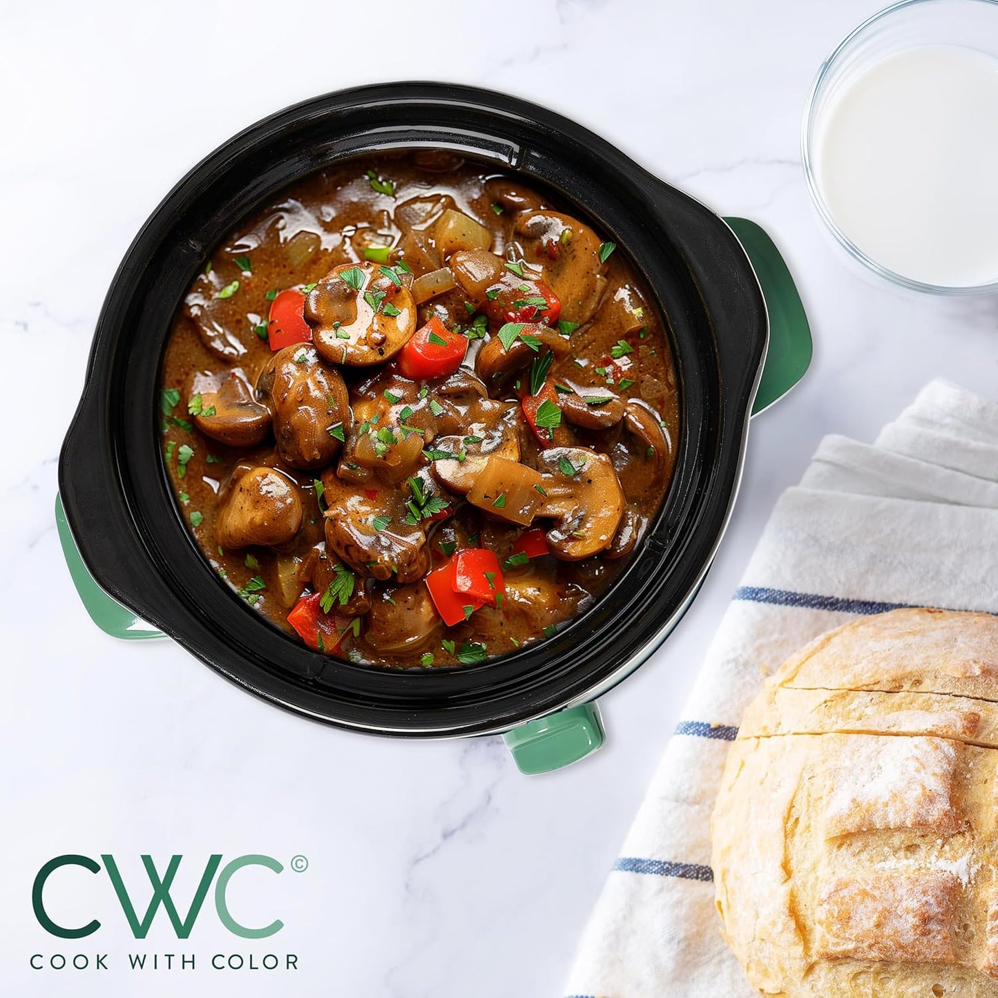 COOK WITH COLOR 2QT Mini Electric Round Slow Cooker - Adjustable Settings, Removable Stoneware Pot, Tempered Glass Lid, Dishwasher Safe, Cool-Touch Side Handles, Dark Sage