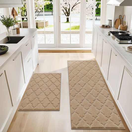 COSY HOMEER Soft Kitchen Rugs [2 PCS] for in Front of Sink Super Absorbent Kitchen Floor Mats and Mats 24x35 Inch/24X60 Non-Skid Kitchen Mat Standing Mat Washable,Polyester,Beige