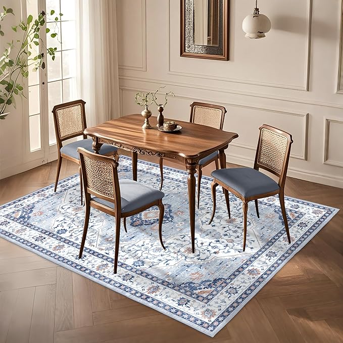 Area Rug for Living Room - Vintage Indoor Machine Washable Rug for Bedroom Dinning Room Floor - Soft Low-Pile Carpet Non-Slip Backing Floral Rugs for Office (Blue/White, 5' × 7')