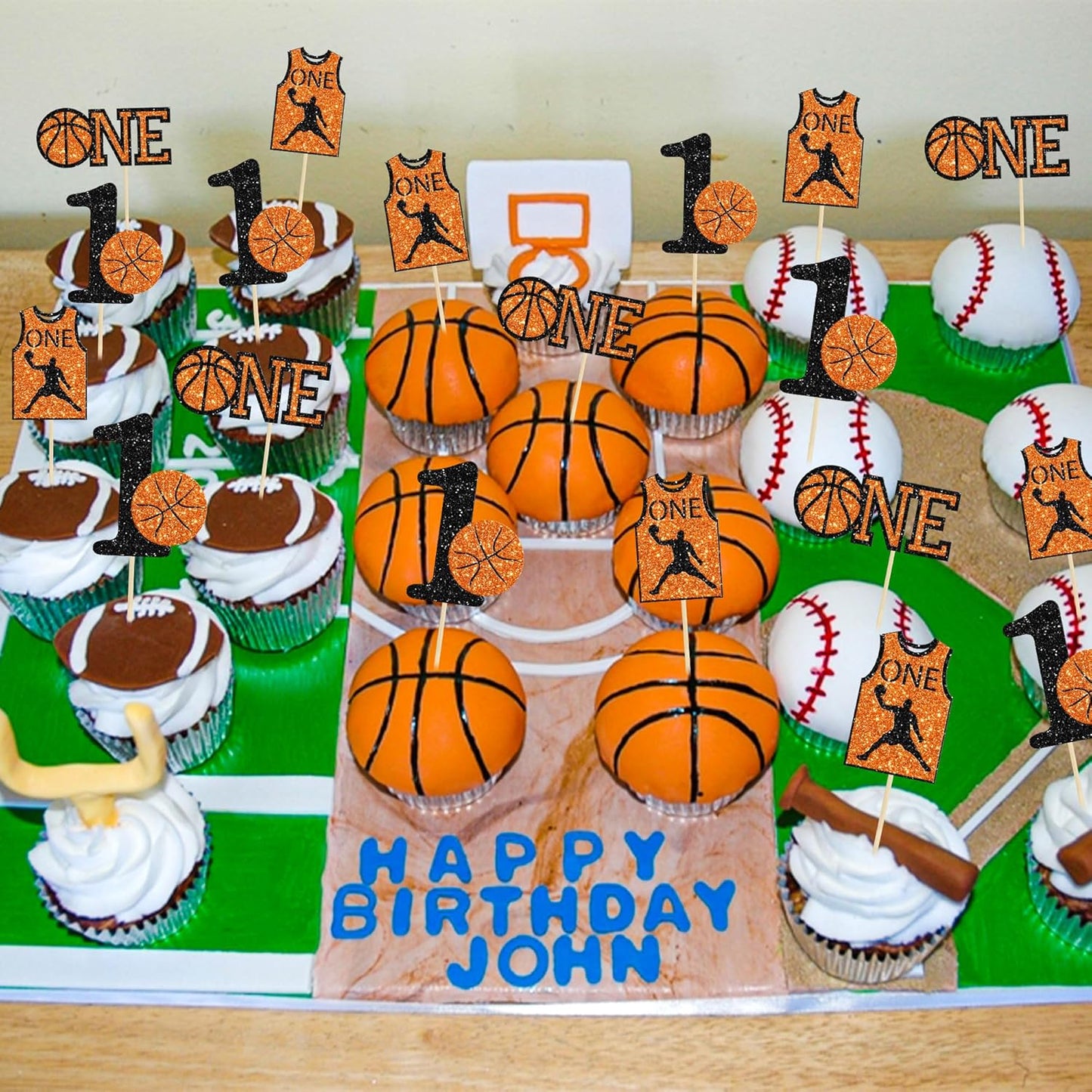 24Pcs Basketball One Cupcake Toppers Glitter Number 1 First Birthday Basketball Cupcake Picks for Sports Theme Baby Shower Kids 1st Birthday Party Cake Decorations Supplies