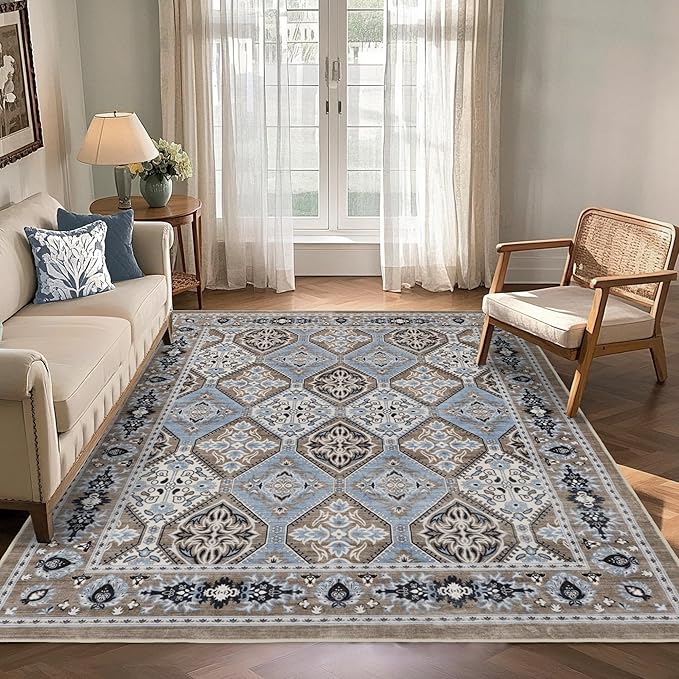 Area Rug for Living Room - Vintage Indoor Machine Washable Rug for Bedroom Dinning Room Floor - Soft Low-Pile Carpet Non-Slip Backing Floral Rugs for Office (Blue/Brown, 5' × 7')