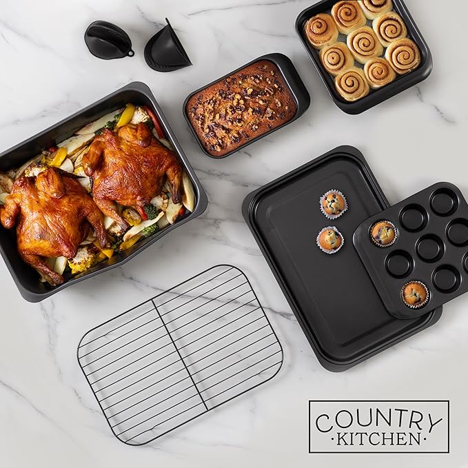 Country Kitchen Nonstick Stackable Bakeware Set - Deluxe Heavy Duty, Durable, Easy Release Baking Set, 8 Pcs, Black