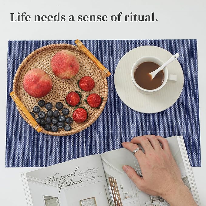 Leetaltree Blue Placemats Set of 4 - Heat Resistant Non-Slip Place mats for Dining Table, Washable Durable PVC Vinyl Woven Table Mats（Blue, 4）