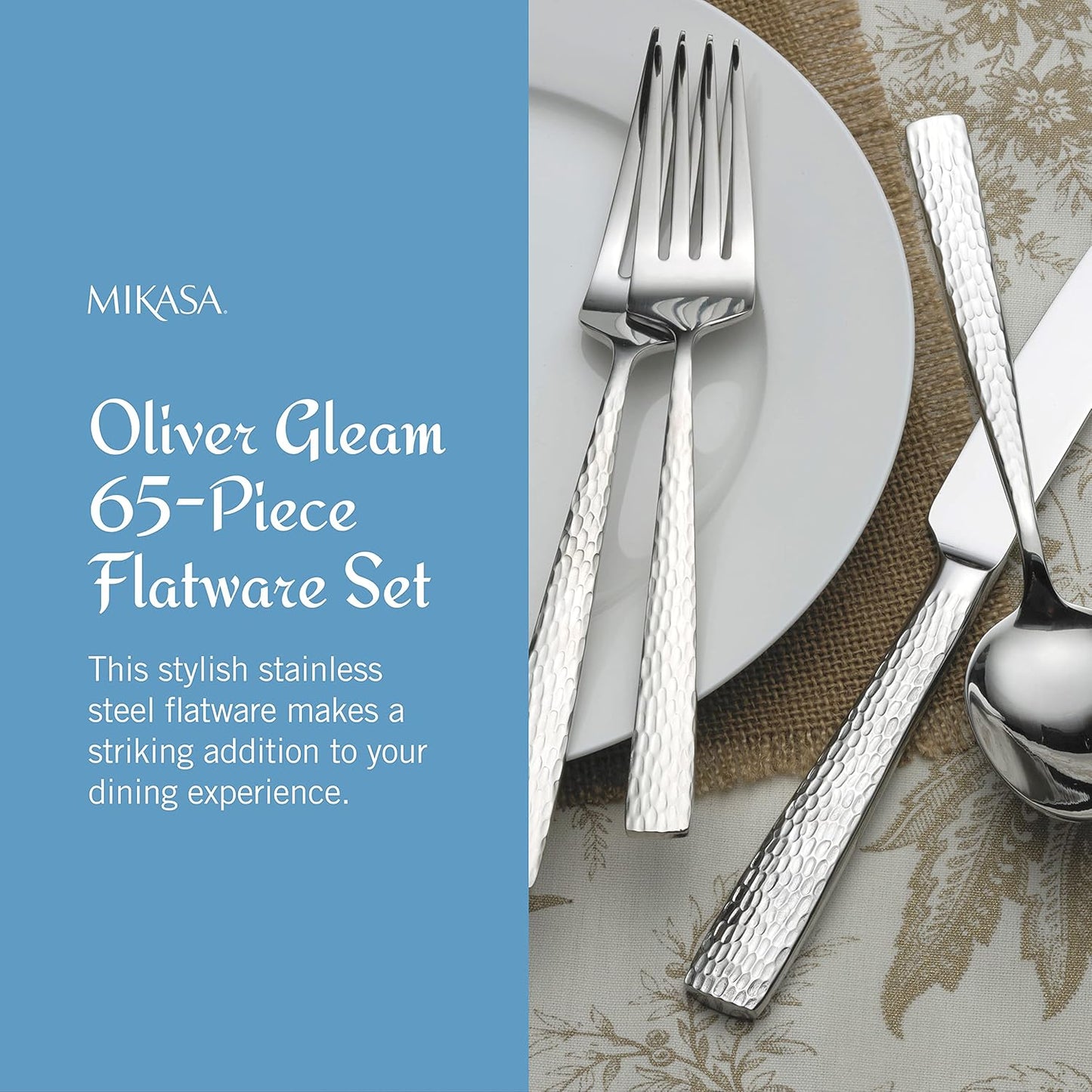 Mikasa, Oliver Gleam Flatware Service for 12, 65 Piece Set, 18/10 Stainless Steel, Silverware Set with Serving Utensils