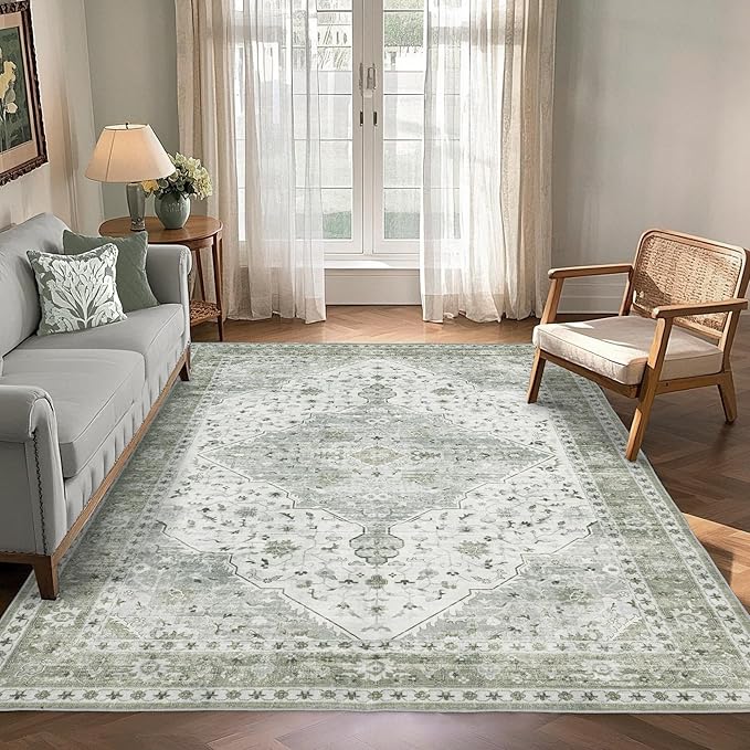 Area Rug for Living Room - Indoor Machine Washable Vintage Rugs for Bedroom Dinning Room Floor Carpet Non-Slip Backing Rugs Floral Soft Low-Pile Office Rug (Sage Green, 6' × 9')
