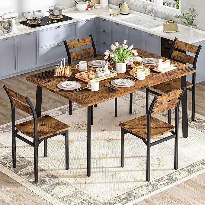 Recaceik Dining Table Set for 4, Kitchen Table and Chairs Set of 4 Wood Kitchen and Dining with Classic Dinner Chairs for Small Space Apartment Home