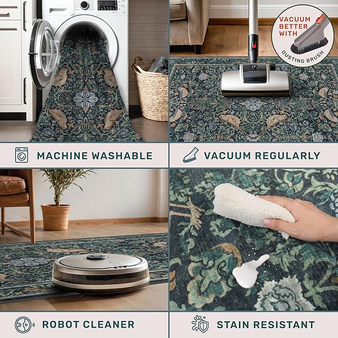 Cottagecore 5x7 Blue Rugs for Bedroom, Washable Forest Area Rug for Dining Room Under Table, Carpet for Living Room, Non Slip & Low Pile Soft Rug (Navy Blue & Deep Teal)