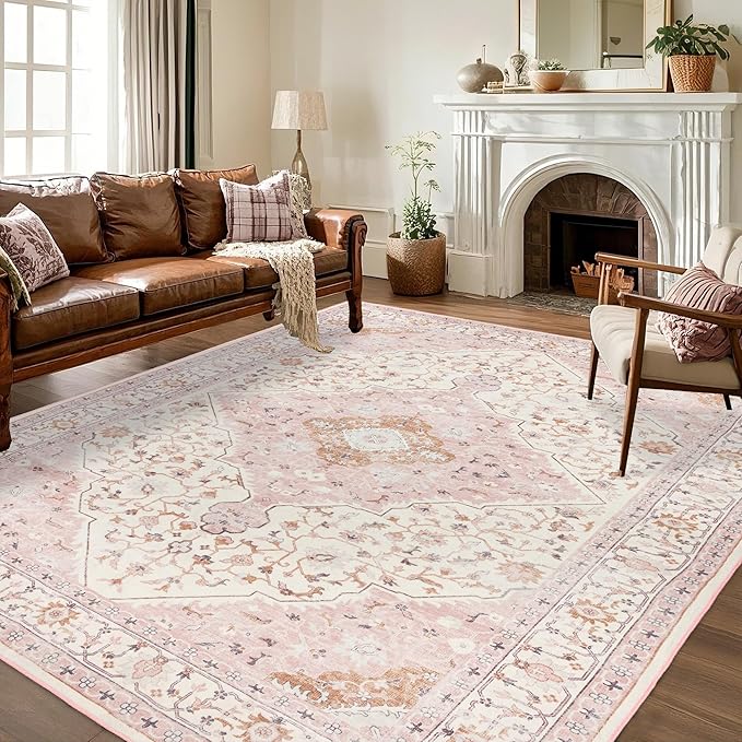 Area Rug for Living Room - Vintage Indoor Machine Washable Rug for Bedroom Dinning Room Floor - Soft Low-Pile Carpet Non-Slip Backing Floral Rugs for Office (Pink, 8' × 10')