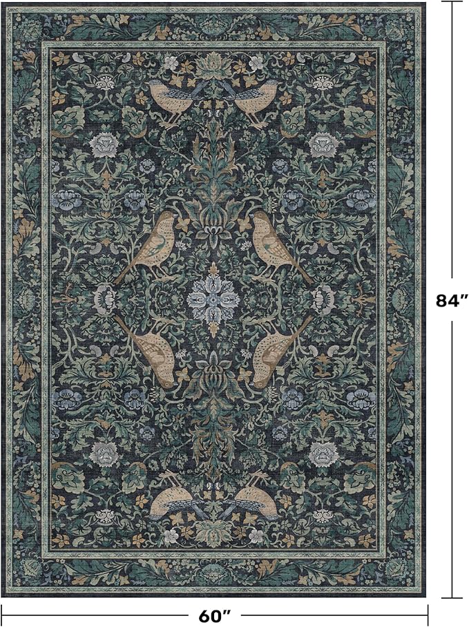 Cottagecore 5x7 Blue Rugs for Bedroom, Washable Forest Area Rug for Dining Room Under Table, Carpet for Living Room, Non Slip & Low Pile Soft Rug (Navy Blue & Deep Teal)