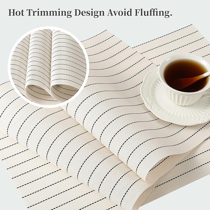 Leetaltree White with Black Stripes Placemats Set of 4 - Heat Resistant Non-Slip Place mats for Dining Table, Washable Durable PVC Vinyl Woven Table Mats（White Stripes, 4）