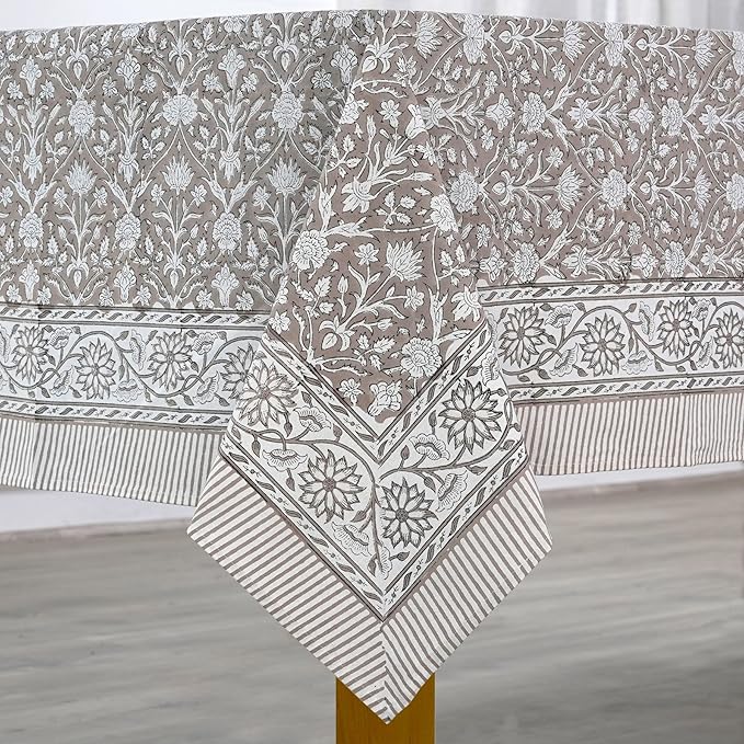 Ridhi Taupe Hand Block Print Cotton Rectangle Tablecloth 190 x 72 inches Reusable Table Cover Decorative Everyday Use for Dining Room, Farmhouse, Home, Party, Festive & Wedding, Fall