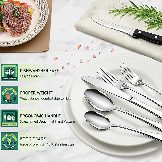 HaWare 48-Piece Silverware Set with Steak Knives, Stainless Steel Flatware Set for 8, Mirror Polished Cutlery Tableware Set, Eating Utensils Include Knife Fork Spoon for Home Kitchen, Dishwasher Safe