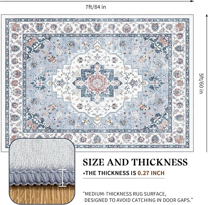 Area Rug for Living Room - Vintage Indoor Machine Washable Rug for Bedroom Dinning Room Floor - Soft Low-Pile Carpet Non-Slip Backing Floral Rugs for Office (Blue White, 5' × 7')