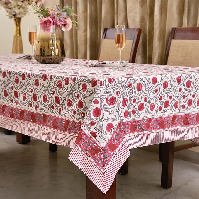 Ridhi -Sangria Red Cotton Tablecloth, Handblock Print Floral Table Cloth for Kitchen Dining Linen I Thanksgiving, Christmas, Wedding, Fall Décor 10 Seater 80x120 Inches Rectangle