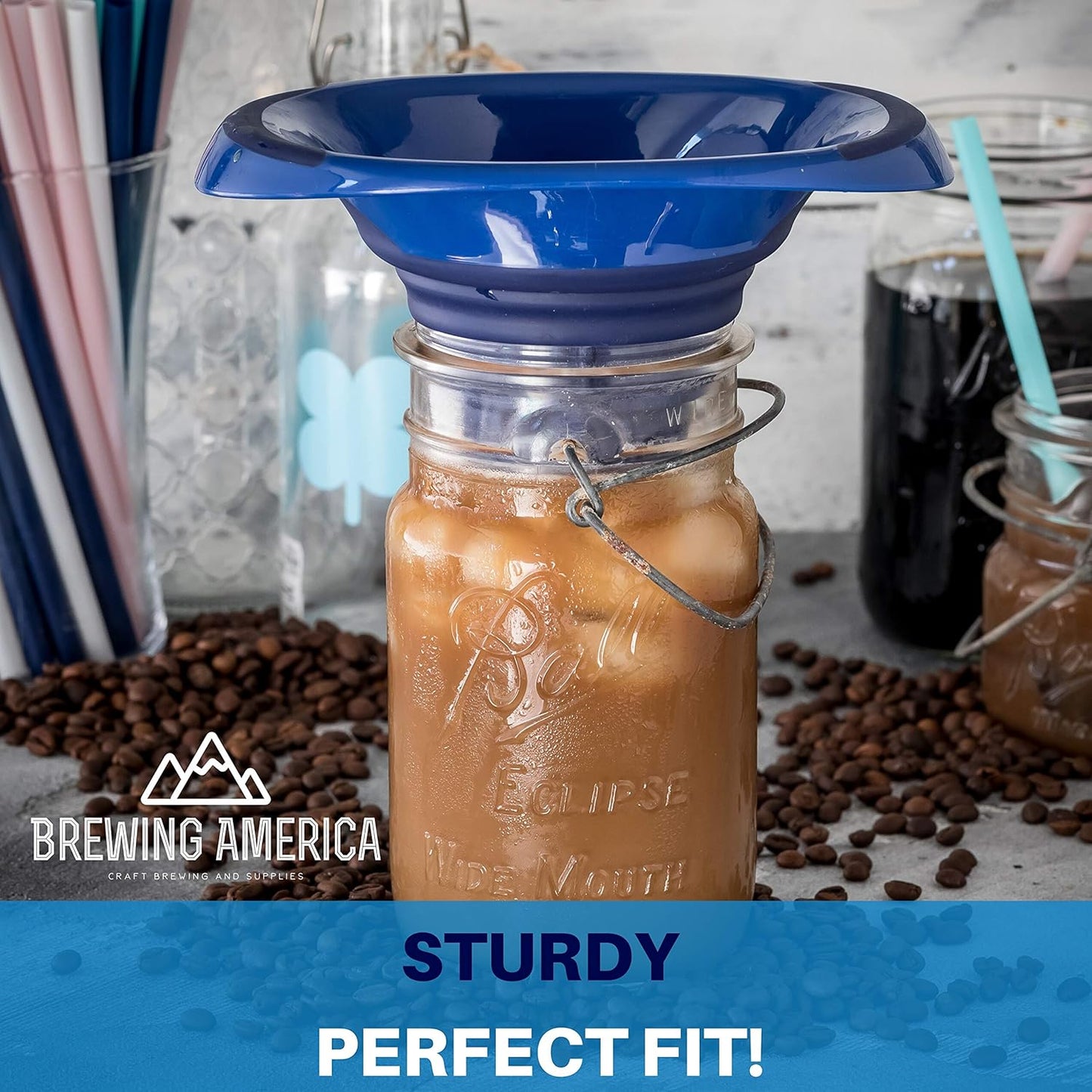 Kitchen Canning Funnel – Collapsible Silicone Food Funnel for Wide Mouth and Regular Mason Jars – Flexible Use for Coffee, Liquid, Jam, Cooking, Baking, Crafts - Blue