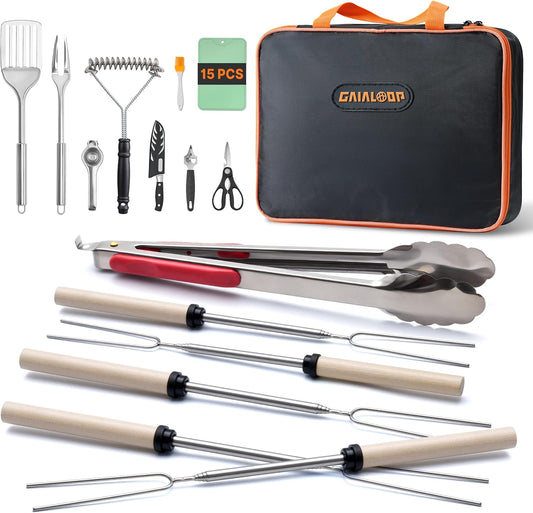Camping Cooking Utensils Set Grilling Cookware Camp Kitchen Rotating Marshmallow Roasting Sticks BBQ Forks, Portable RV Camping Essentials Camper Must Haves for Cookouts Open Fire Pit