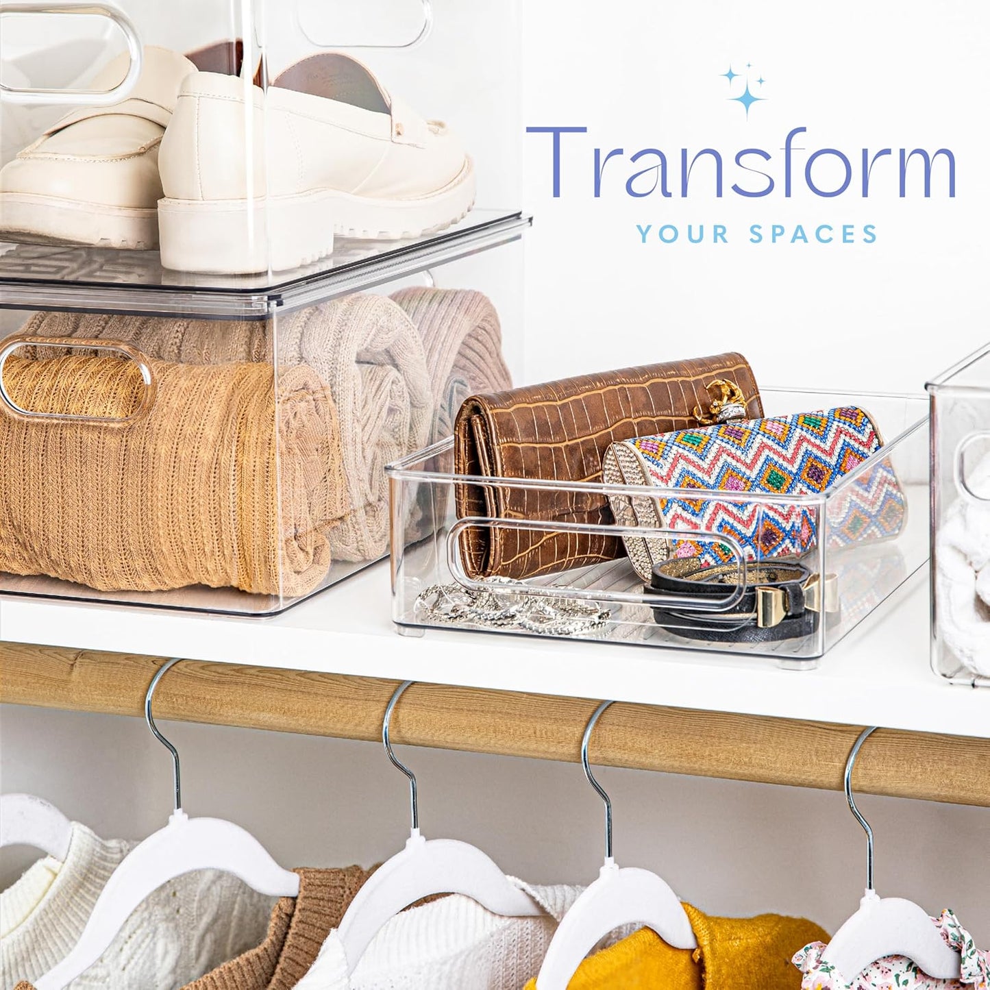 Plastic Food Storage 8 Pack Clear Container Bin with Handles for Organizing Kitchen, Pantry, Refrigerator, Freezer, Pantry, Cabinet, Closet, Bathroom. Stackable 10”x8”x3”