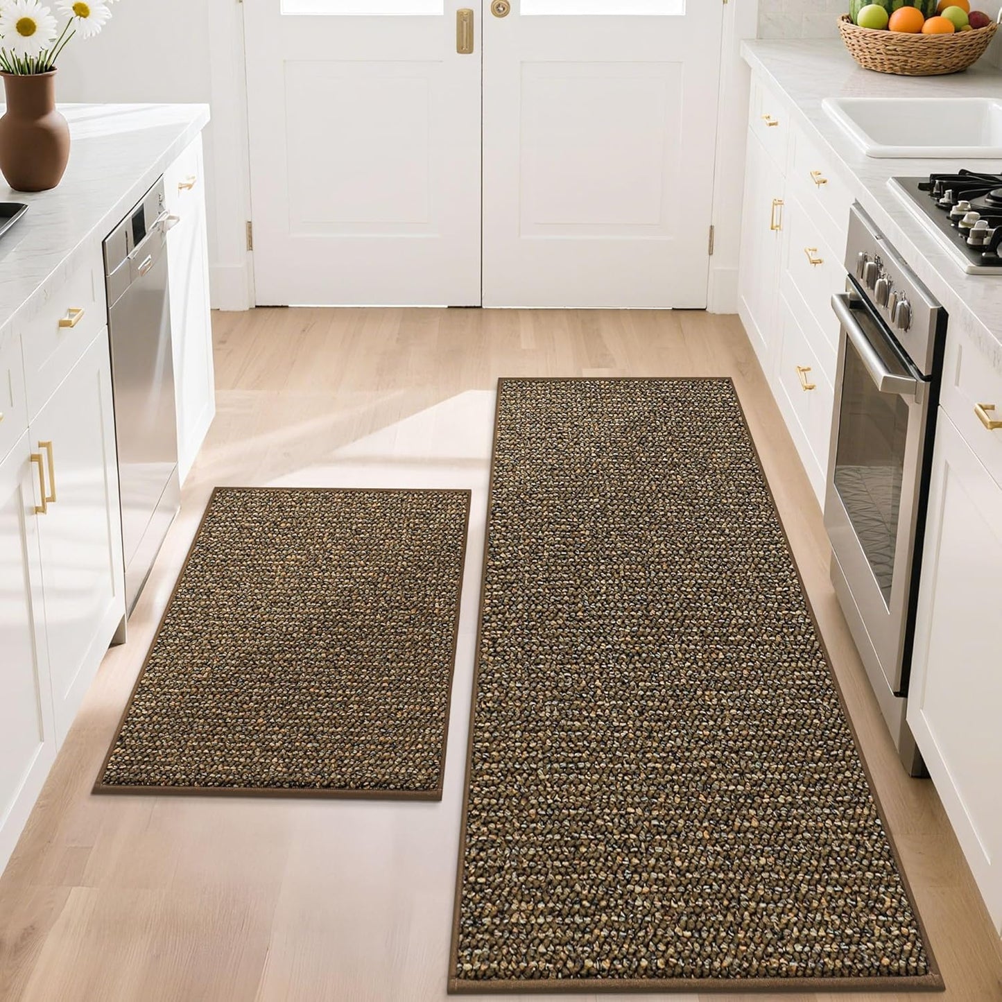 BEQHAUSE Kitchen Rugs and Mats 2PCS, Non-Slip Kitchen Mats for Floor, Absorbent and Stain Resistant Kitchen Runner, Machine Washable Rugs for Kitchen, Laundry & Sink, 20"x32"+20"x48", Brown