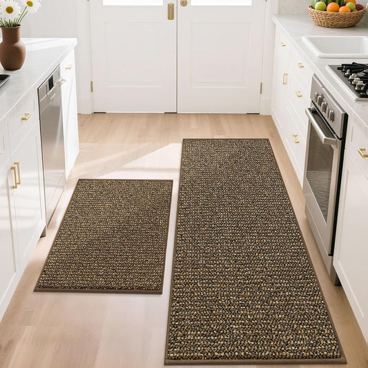 BEQHAUSE Kitchen Rugs and Mats 2PCS, Non-Slip Kitchen Mats for Floor, Absorbent and Stain Resistant Kitchen Runner, Machine Washable Rugs for Kitchen, Laundry & Sink, 20"x32"+20"x48", Brown