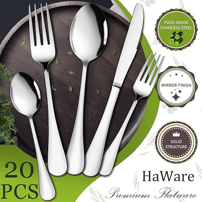 HaWare 20-Piece Silverware Set Service for 4, Stainless Steel Flatware Cutlery Set, Food-Grade Tableware Eating Utensil Set for Home Kitchen, Include Fork Knife Spoon, Mirror Polished, Dishwasher Safe