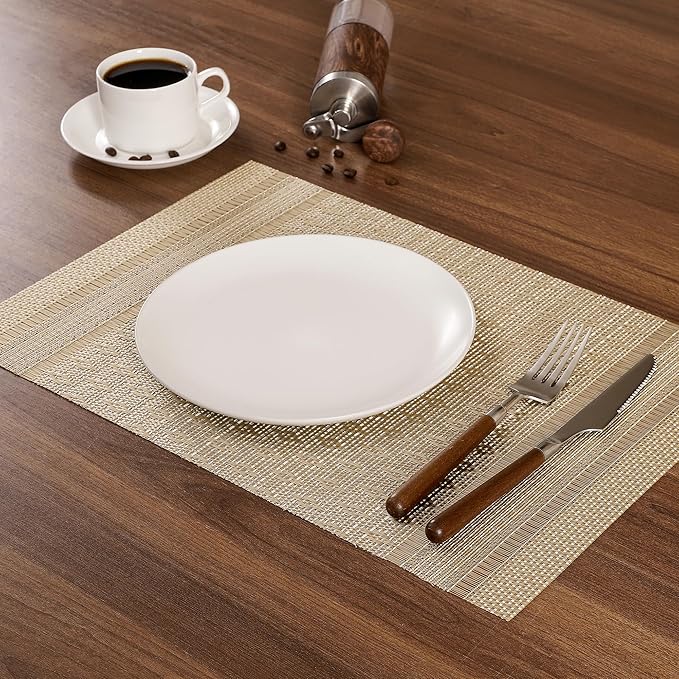 Leetaltree Stardust Yellow Placemats Set of 12 - Heat Resistant Non-Slip Place mats for Dining Table, Washable Durable PVC Vinyl Woven Table Mats（Stardust Yellow, 12）