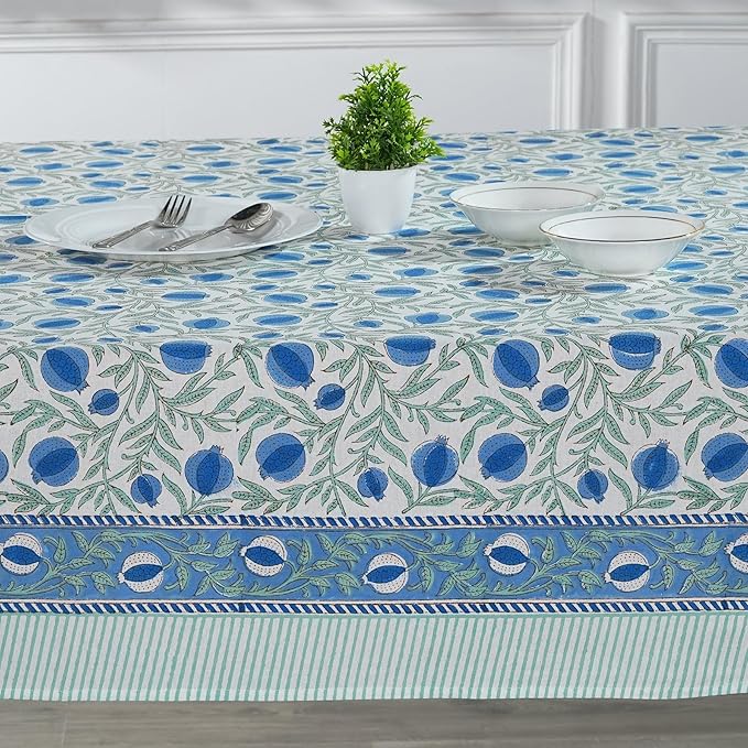 Ridhi Queen Blue Hand Block Print Cotton Rectangle Tablecloth 102 x 48 inches Reusable Table Cover Decorative Everyday Use for Dining Room, Farmhouse, Home, Party, Festive & Wedding, Fall