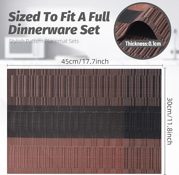Dark Brown Placemats Set of 6-Durable PVC Vinyl Woven Place Mats for Dining Table Heat Resistant Non-Slip Washable Indoor/Outdoor Table Mats 12 x 17 inch