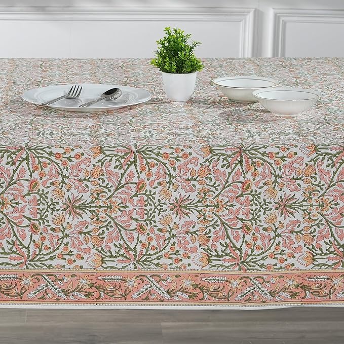 Ridhi Sassy Salmon Pink Hand Block Print Cotton Rectangle Tablecloth 160 x 72 inch-Reusable Table Cover Decorative Everyday Use for Dining Room, Farmhouse, Thanksgiving, Christmas Wedding, Fall
