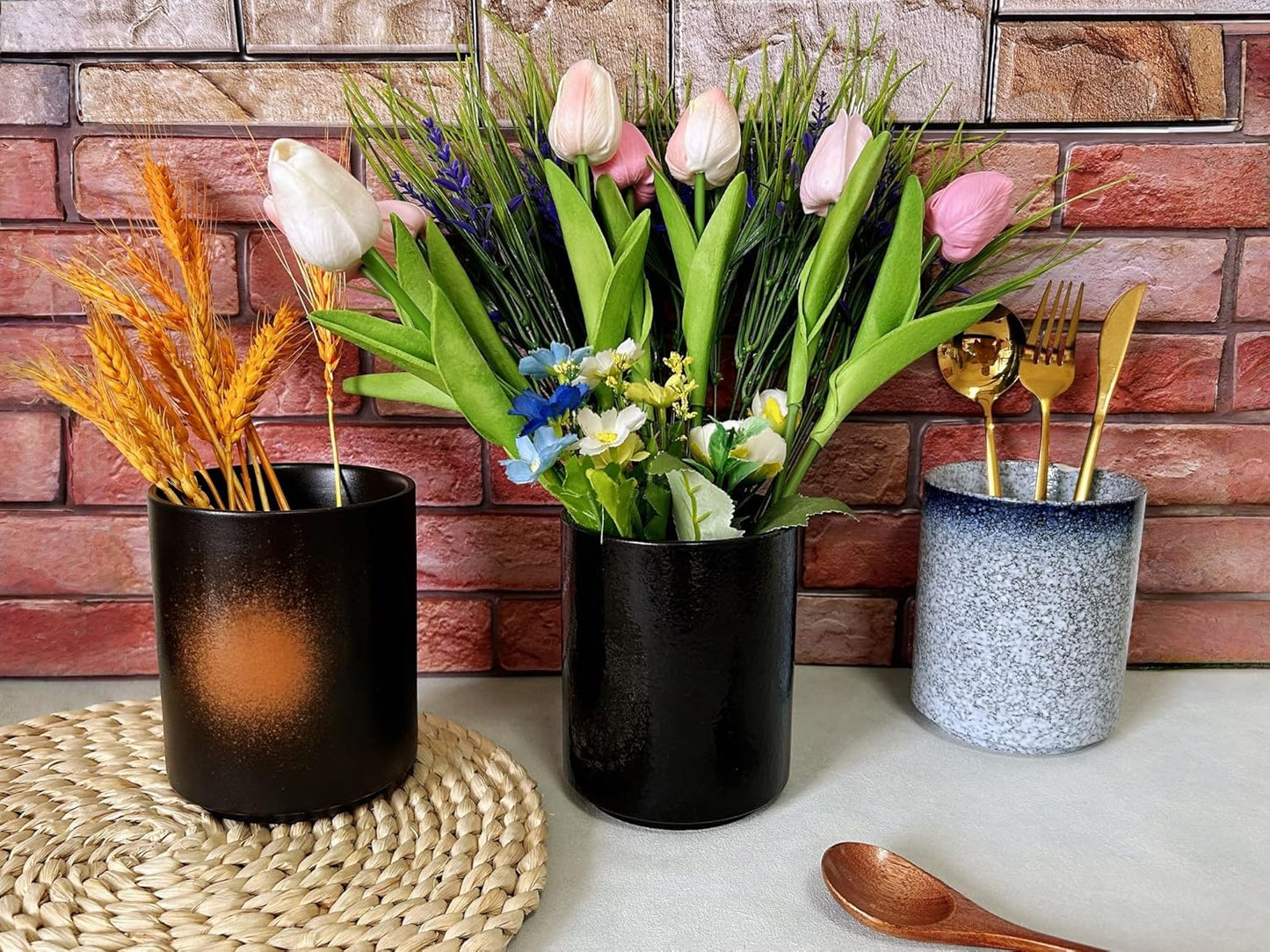 Medium Stoneware Kitchen Utensil Holder for Kitchen Counter Short Cooking Utensil Holder for Countertop Spatula Holder Small Utensil Crock Cutlery Holder Silverware Caddy Flower Vase (Firework)