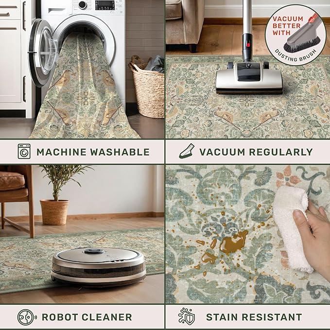 Boho Dining Room Rugs for Under Table 9x12 - Plant & Bird Patterned Rugs for Living Room, Bedroom Under Bed, Traditional Victorian Sage Green Décor, Washable Non Slip Folable Lightweight Carpet