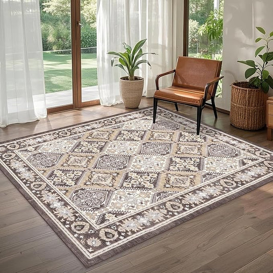 Area Rug for Living Room - Vintage Indoor Machine Washable Rug for Bedroom Dinning Room Floor - Soft Low-Pile Carpet Non-Slip Backing Floral Rugs for Office (Reddish Brown, 6' × 9')
