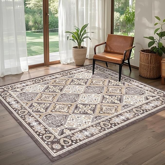 Area Rug for Living Room - Vintage Indoor Machine Washable Rug for Bedroom Dinning Room Floor - Soft Low-Pile Carpet Non-Slip Backing Floral Rugs for Office (Reddish Brown, 5' × 7')