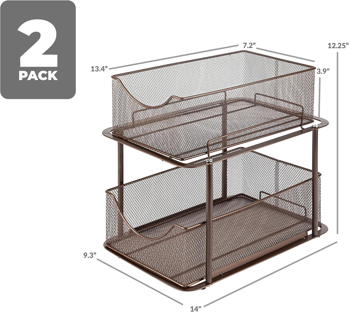 Sorbus 2 Sets of 2 Tier Metal Under Sink Organizer for Bathroom, Kitchen, Strong Steel Mesh Sliding Drawers for Under Sink, Under Cabinet, Closet, Kitchen, Pantry, Bathroom Organizers and Storage