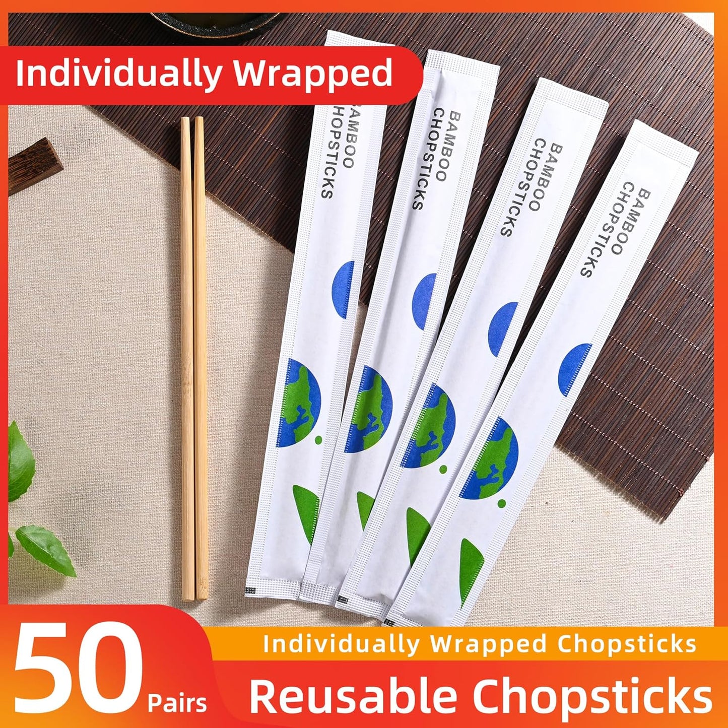 VIWIK 50 Pairs Premium Disposable Chopsticks - Individually Wrapped Natural Bamboo Reusable Chopstick - Japanese Korea Wooden Chop sticks, Portable Individually Wrapped chopsticks, 9 Inch