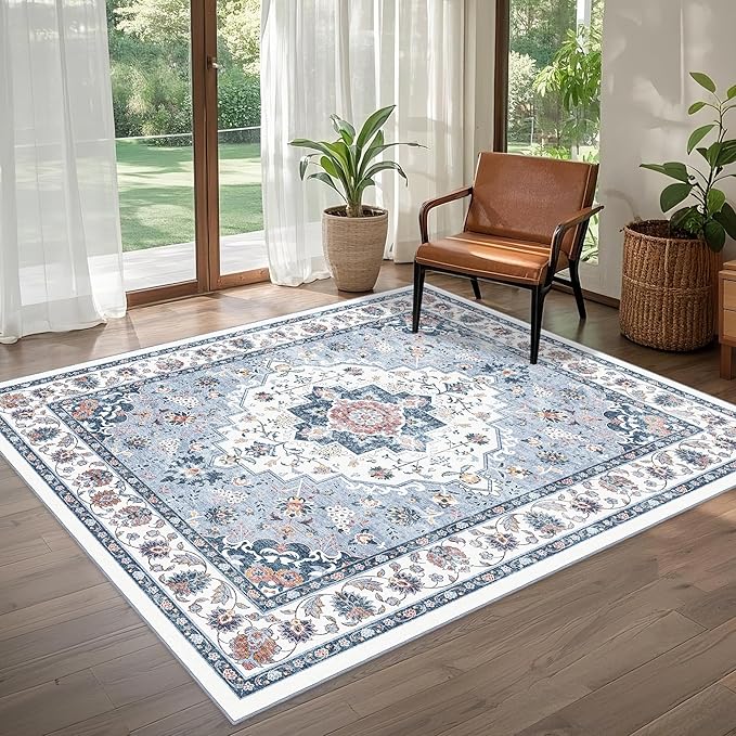 Area Rug for Living Room - Vintage Indoor Machine Washable Rug for Bedroom Dinning Room Floor - Soft Low-Pile Carpet Non-Slip Backing Floral Rugs for Office (Blue White, 5' × 7')
