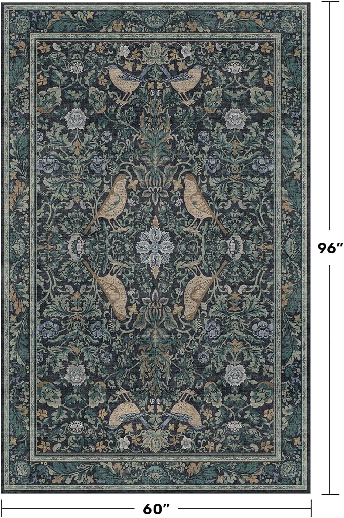 Cottagecore 5x8 Throw Rugs for Living Room, Washable Forest Rugs for Dining Room, Non Slip 5 by 8 Bedroom Under Bed, Low Pile Soft Carpet (Navy Blue & Deep Teal)