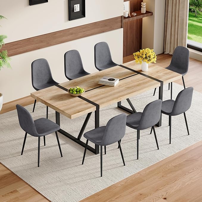 86.6" Dining Table Set for 8, Modern 9 Piece Wood Kitchen Table and Chairs Set, Rectangle Dining Room Table with 8 Linen Fabric Upholstered Chairs, Ideal for Home, Kitchen, or Apartment Dining
