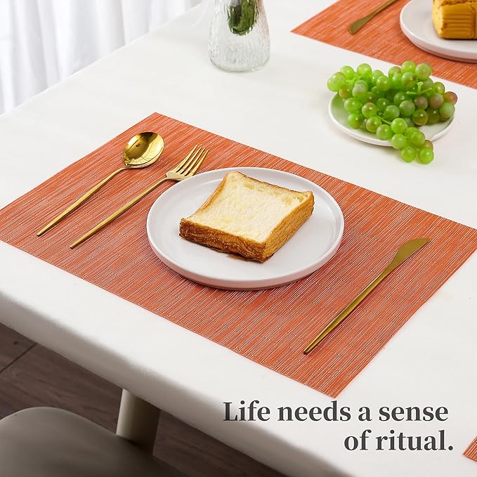 Leetaltree Orange Placemats Set of 8 - Heat Resistant Non-Slip Place mats for Dining Table, Washable Durable PVC Vinyl Woven Table Mats（Orange, 8）