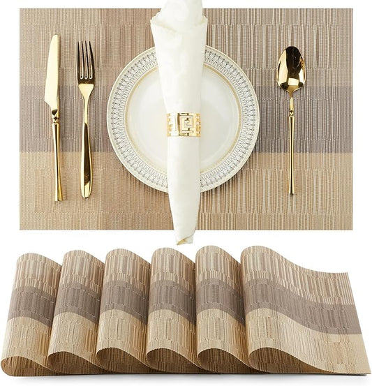 Champagne Modern Placemats Set of 6-Durable PVC Table placemats,Vinyl Woven Place Mats for Dining Table Heat Resistant Non-Slip Washable Indoor/Outdoor Table Mats 12 * 17 inch