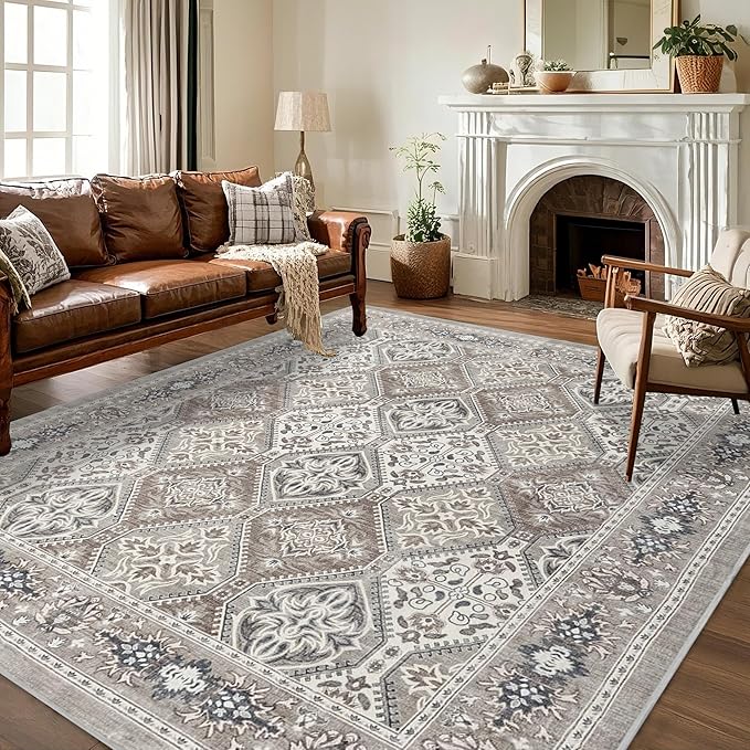 Area Rug for Living Room - 8x10 Boho Vintage Taupe Neutral Washable Rug for Bedroom Dinning Room - Soft Low-Pile Oriental Carpet Non-Slip Tan Rugs for Office - Soft Brown