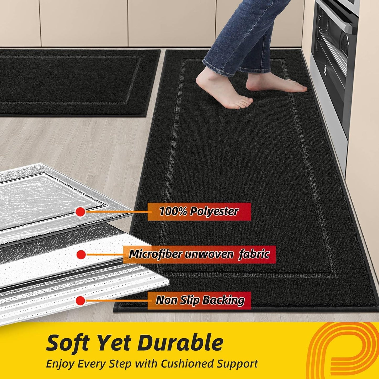 JSEI Non-Slip Kitchen Mats, Self Adhesive No Sliding Kitchen Rugs Set of 2, Washable Absorbent Floor Mat for Kitchen, Bathroom, Laundry Room, Bedroom, 24”x36”+24”x60”, Black, Rectangular Pattern