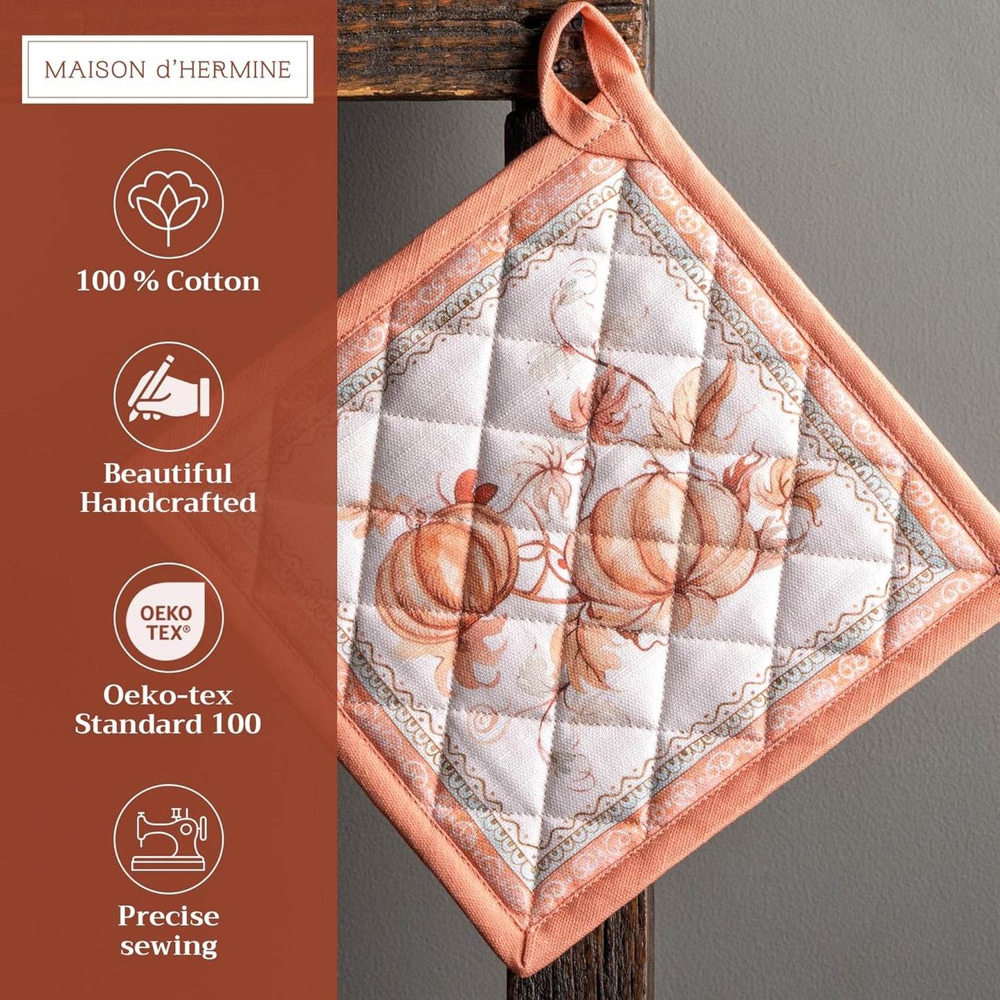 Maison d' Hermine Pot Holders Set 100% Cotton Heat Resistant Potholders 8" x 8" Hot Pads with Loop BBQ, Cooking, Baking, Grilling, Kitchen, Handling Hot Pans (Pack of 2, Giving Thanks)