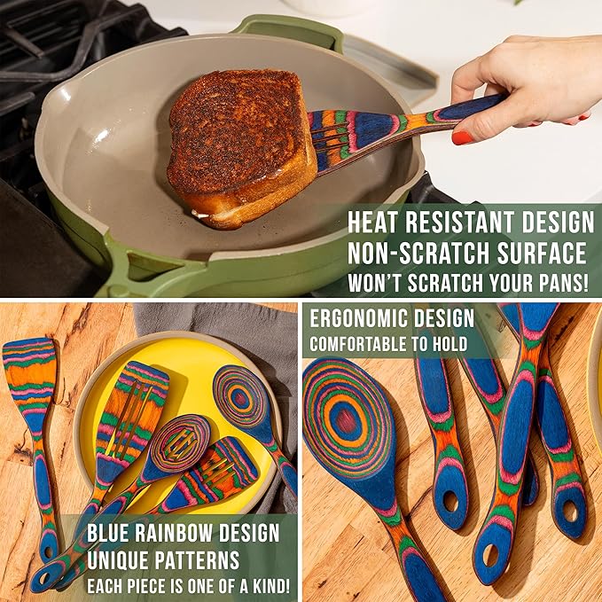 5pc Wood Cooking Utensils Set - Wooden Spoons for Cooking – Pakka Wood Utensils for Cooking and Serving – Comfortable Grip and Non Stick (Blue Rainbow)