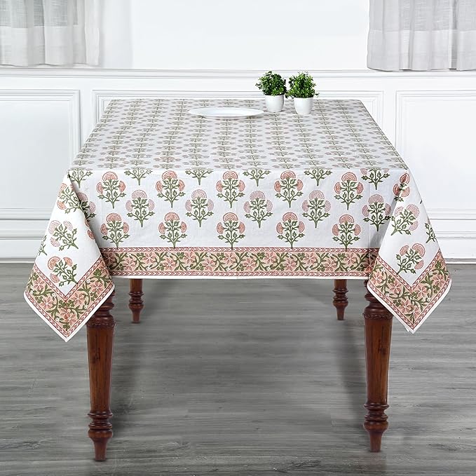 Ridhi Mughal Buta Peach Hand Block Print Cotton Rectangle Tablecloth 120 x 60 inch-Reusable Table Cover Decorative Everyday Use for Dining Room, Farmhouse, Thanksgiving, Christmas Wedding, Fall