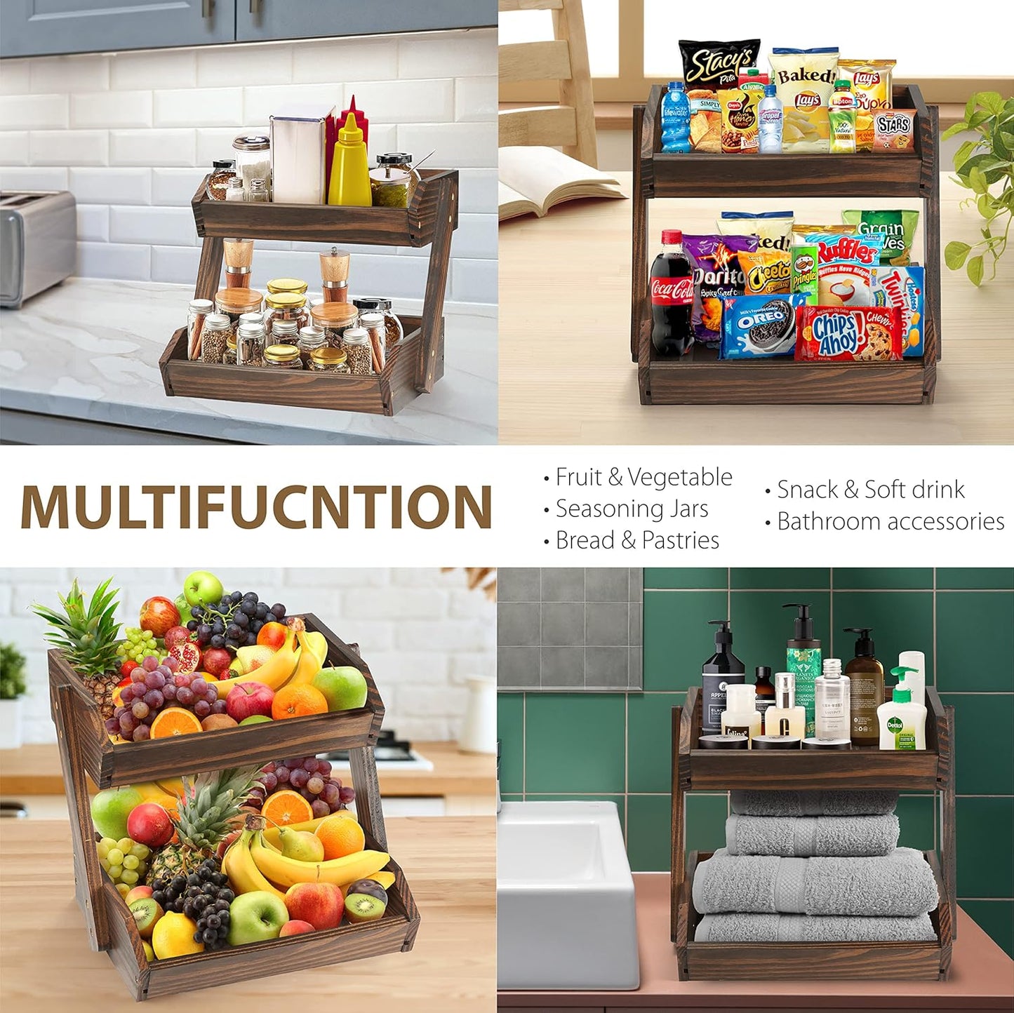 Large Capacity 2-Tier Wooden Fruit Basket, Durable Acacia Wood, 10.5" Tall, Spacious for Produce, Vegetables, Bread Storage and Home Kitchen Countertop